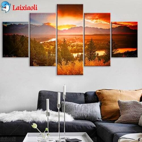 5D DIY Diamond Painting beautiful forest landscape Full Square Round Drill Embroidery Cross Stitch sunset 5pcs Home Decor mosaic