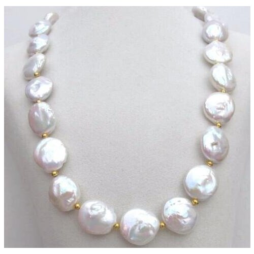 AAA++ 17-18mm south sea white coin pearl necklace 18" 925silver GOLD CLASP