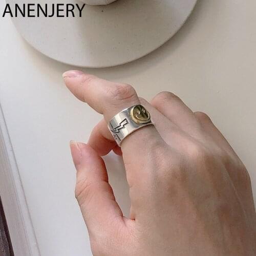 ANENJERY 925 Sterling Silver Personality Smiling Face Star Thai Silver Ring Open Ring For Women Men Jewelry Gifts S-R611