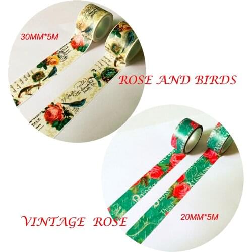 Free shipping Beautiful 20mm*5m/30mm*5m Beautiful Vintage Rose and Birds/ Adhesive Tape DIY Scrapbooking Masking Tape