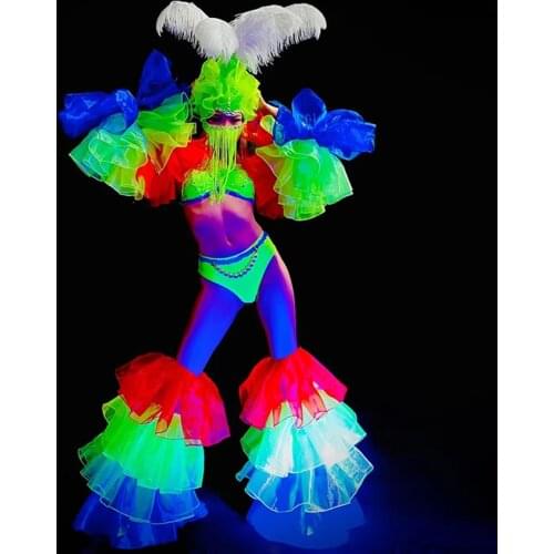 Fluorescent Color Creative Stage Costumes Feather Headdress Bikini Nightclub Gogo Show Dancing Performance Clothing Suit VDB3917