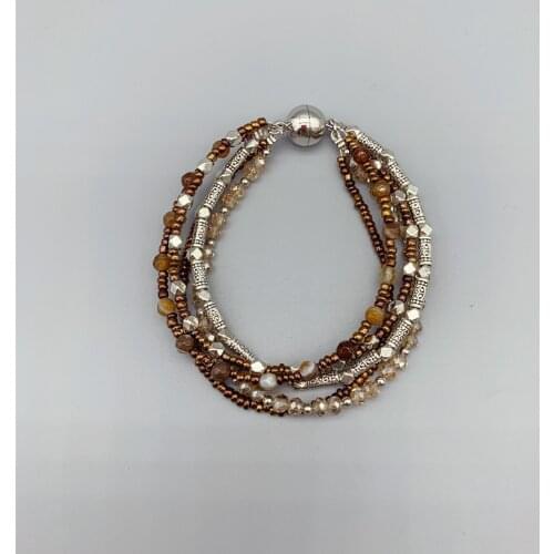 FoLisaUnique 5 Strands of Brown Agate Bracelet With Champagne Crystals Antique Silver Beads For Women Girls Gifts 7.5 Inch