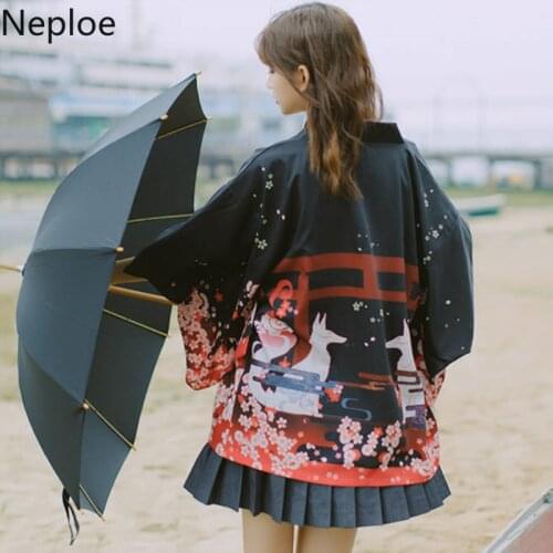 Neploe Harajuku Kimono Cardigan Summer Women Japanese Black Chimono Vintage Print Plus Size Casual Loose Shirt Blouse Tops 39003