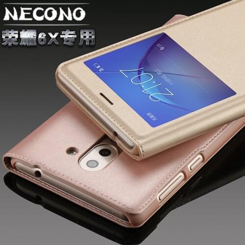 NECONO For Huawei honor 6x case view window Free Answer Smart sleep wake-up Function Leather Flip Case for honor 6x case cover