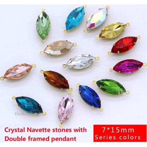 20p 7x15mm Horse eye crystal rhinestone Faceted Framed glass pendant necklace connector earring findings 2loop charm Brass Beads