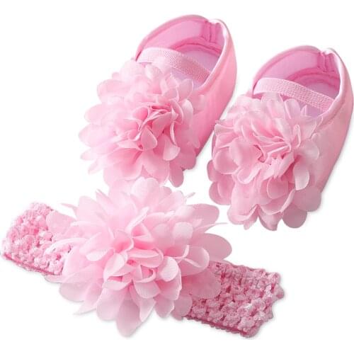 Cute Lace Flower Newborn Baby Shoes Headband Set Anti Slip Toddler Infant First Walkers Baby Girls Newborn Pink Cotton Shoes