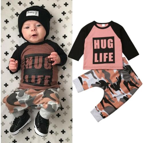 Fashion Newborn Baby Boy Autumn Clothes Outfits Patchwork Shirt+Camo Pants 2Pcs Baby Boy Sets Patchwork Pullovers Pants 0-24M
