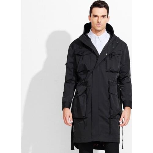Men trench coat slim casual black long windbreaker jacket full sleeve mens hooded coat pockets sashes belt fashion parka outwear