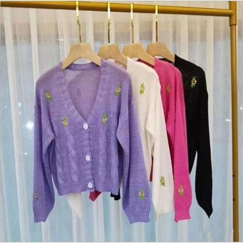 New Women Knitted Cute Fashion Loose Sweater Spring Autumn V-Neck Lantern Sleeve Embroidery Floral Harajuku Female Cardigan