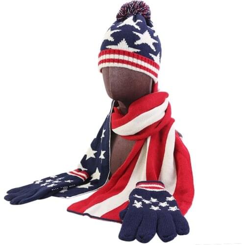 New Winter USA UK Flag Pattern Knitted Hat Scarf Glove 3 Pieces Set Keep Warm Winter Thick Suit