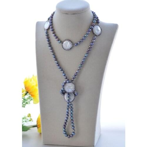 P7565 46" 23mm Peacock-Black CZ coin & Round Pearl Necklace Choker