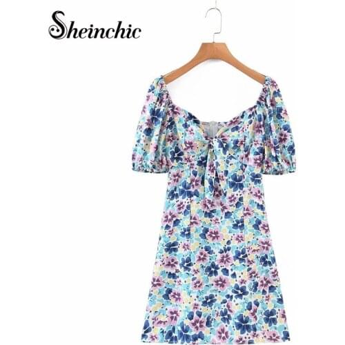 Casual Women Summer V-neck Blue Floral Dress 2021 Ladies Sleeve Short-sleeved Mini Dresses jurken Robe Femme
