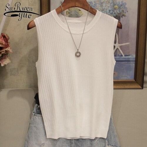 Summer New Ice Silk Womens Shirt Solid Knitted Vest Sleeveless Wide Shoulder Strap Round Neck Joker Thin Women T Shirt 4588 50