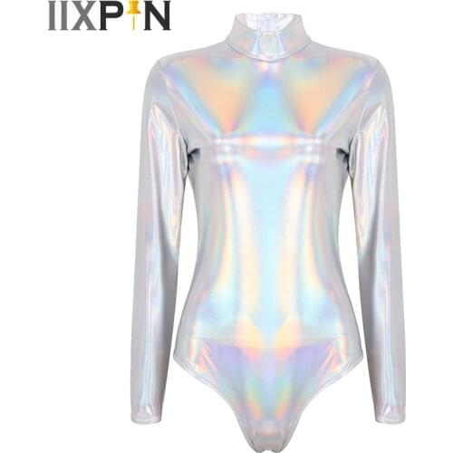 Leotard Women Bodysuit Jumpsuit ballet Dance wear Shiny Metallic Turtleneck Long Sleeves Gymnastic Leotard Bodysuit Clubwear