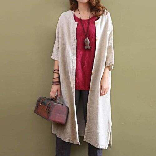 Women Spring Cotton Original Vintage Linen Shirt Ladies casual cardigan Loose Overcoat Long Trench Coat Summer