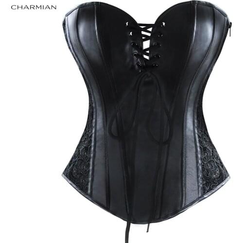 Charmian Womens Sexy Steampunk Gothic Corset Black Faux Leather Lace Boned Overbust Corset Body Shaper Corsets and Bustiers