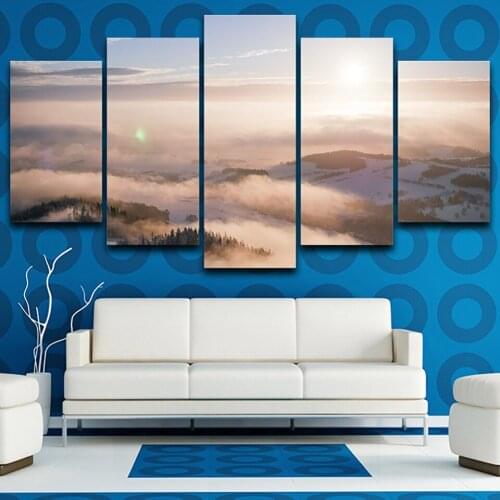 5 Pieces Foggy Sunshine Snowing Mountain Art Pictures Home Decoration Poster Modern Wall Living Room Hd Printed Canvas Painting