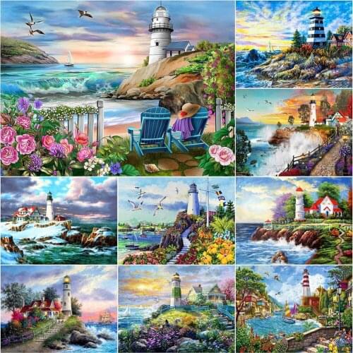 5D DIY Landscape Diamond Embroidery Lighthouse Cross Stitch Mosaic Diamond Painting Seaside Scenery Rhinestone Art Home Decor