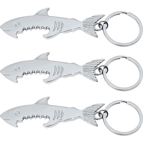 BalleenShiny 3 Pieces Of Personalized Creative Metal Bottle Opener Shark Shape Keychain Portable Bottle Opener Fathers Day Gift