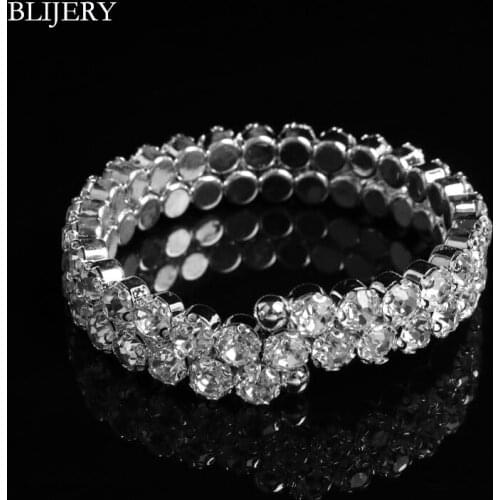 BLIJERY Fashion Bridal Crystal Bracelets & Bangles Silver Plated 2 Rows Rhinestone Cuff Bangle for Women Party Wedding Jewelry