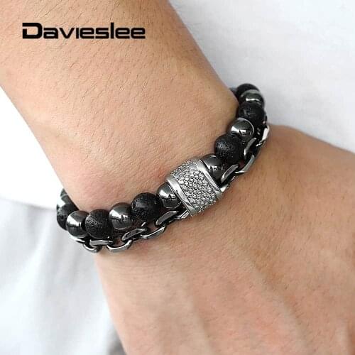Double Layers Hematite Metal Beads Bracelet for Men Natural Lava Stone Wristband Stainless Steel Rolo Chain Bracelet LTBX00108