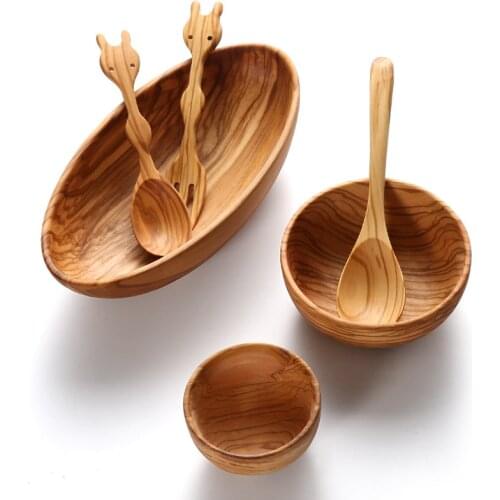 YUSOTAN children wooden bowl made of natural solid olive wood healthy and eco-friendly kitchen dishes baby bowl fork spoon wood