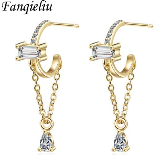 Fanqieliu Gold Chain Charms Crystal Stud Earrings Woman Solid 925 Sterling Silver Earrings For Women C Shape Studs FQL20383