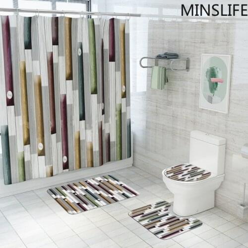 Geometrical Printed Shower Curtains Sets for Bathroom Bathing Screen with Anti-slip Mat Carpet Toilet Partition Home Decor