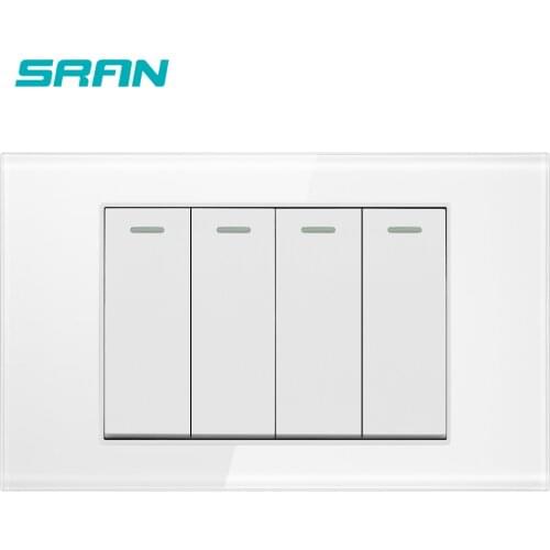 SRAN AU/US standard 4gang 1way push button switch,250V 16A wall light switch crystal tempered glass panel 118mm*72mm,no logo