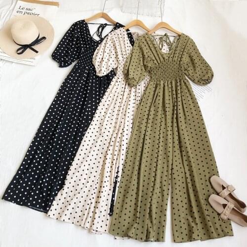 2021Summer Sexy Polka Dot Jumpsuits Romper Women Elegant V-Neck Puff Sleeve High Waist Jumpsuit Loose Wide Leg Playsuits