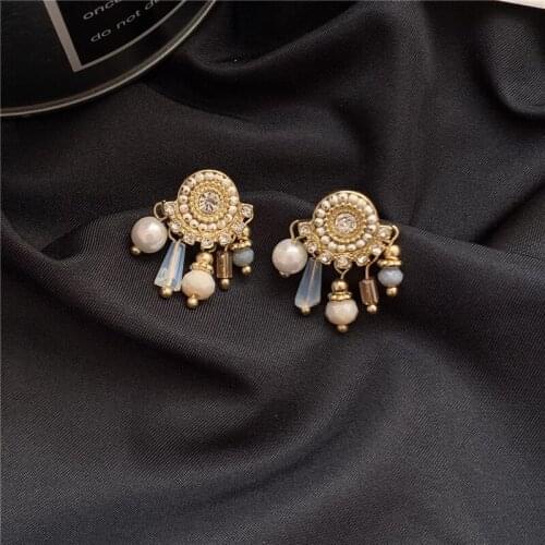 Korean Retro Elegant Drop Earrings For Women Girls Fashion Geometric Small Crystal Beads Tassel Pendant Boucle D'oreille Jewelry