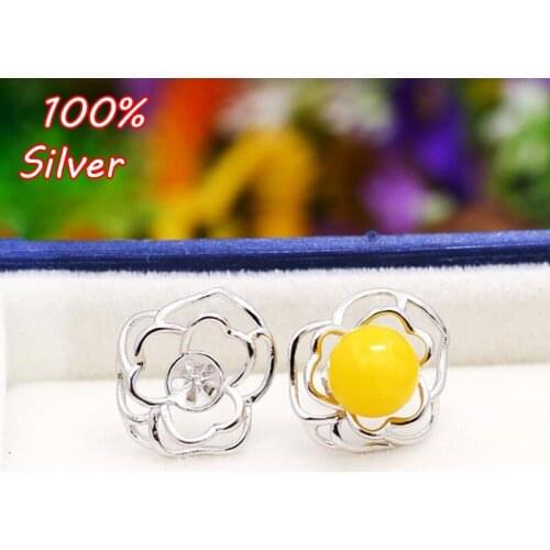 100% 925 Sterling-Silver Color -Jewelry Roses Stud Earring Blank 7MM-10MM Round Cabochon DIY Earring