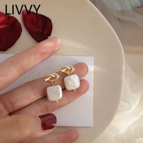 LIVVY New Personality Knotted Square Pearl Earrings Female Trendy Temperament Light Luxury High-Quality Jewelry Gifts