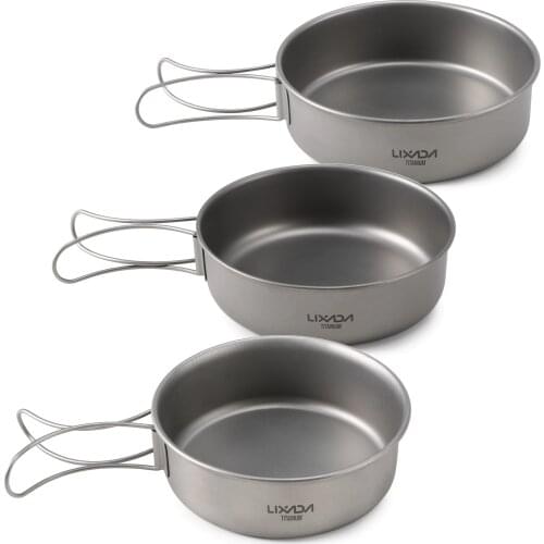 Lixada 3pcs Titanium Bowls Set Ultralight Titanium Dinner Bowl Pan with Foldable Handles Outdoor Camping Hiking Picnic Tableware