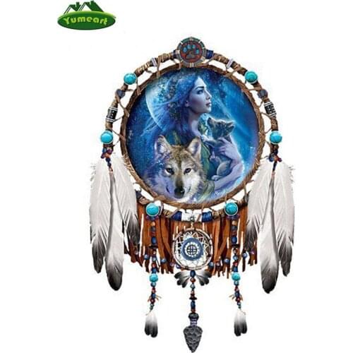 Dream Catcher Diamond Embroidery Feather Woman and Wolf Mosaic Pattern 5d Diy Diamond Painting Full Drill Pictures of Rhinestone