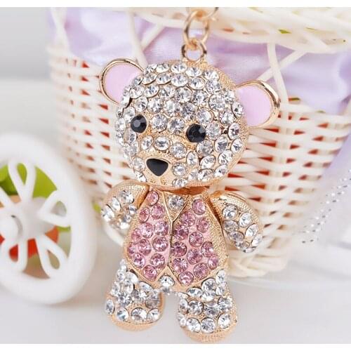 Mini Enamel-bear Rhinestone-Crystal keychain ladies bag cute Luxury-Animal car key chain ring pendant papa-mama children gift