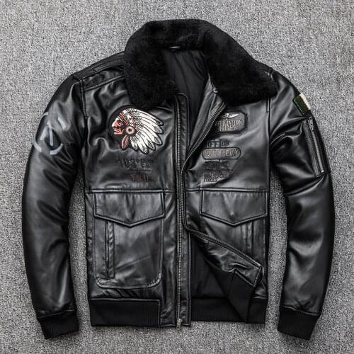2020 Men Black Pilot Jacket Wool Collar Genuine Thick Sheepskin Slim Winter Russian Leather Aviator Coat FREE SHIPPING