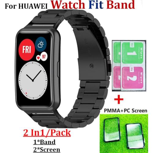 Stainless Steel Watchband Strap For Huawei watch Fit Band Smart Bracelet Wrist For Huawei Fit Protectors Screen PMMA+PC Film