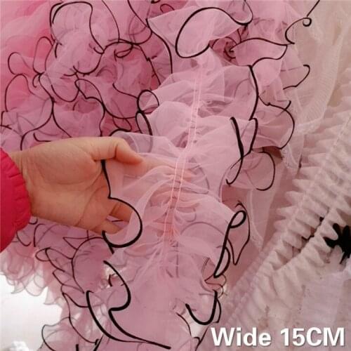 15CM Wide Luxury Pink Tulle Organza Lace Fabric Ruffle Trim Ribbon Collar Dress DIY Sewing Guipure Supplies Clothing Accessories