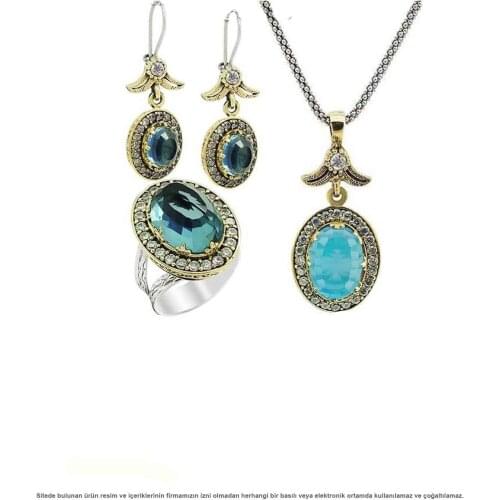 Silver Aquamarine Cubic Zirconia Authentic Triple Set Jewelry