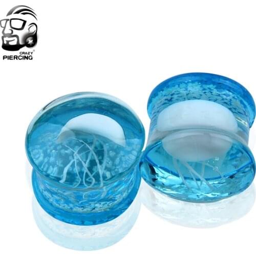 Fashion Pair of Glass Double Flared white Jellyfish Ear Plugs Translucent bright Lake Blue ocean Tunnel Body Piercing Jewelry