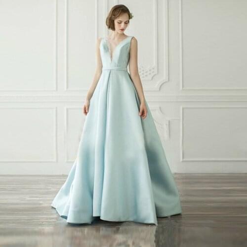 Blue Sexy Prom Dresses 2020 Long Girl Satin Spaghetti Strap Party Dresses Long Open Back Evening Dresses Real Sample