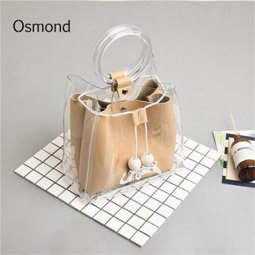 Osmond 2018 Fashion Transparent Totes with Purse Summer Beach Bags Clear Plastic Round Handle Women Handbag Bucket Composite Bag