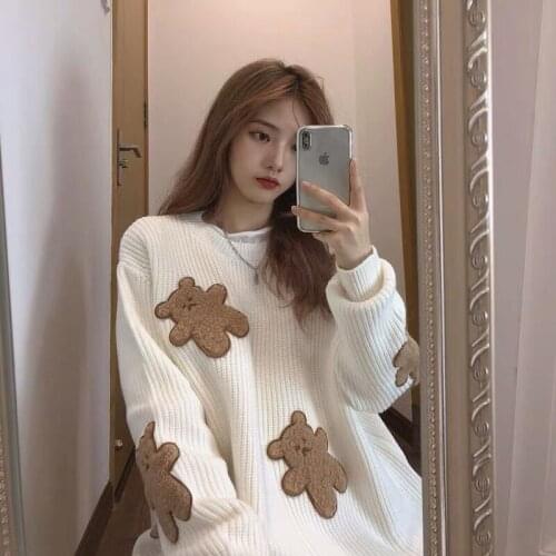 Harajuku Cartoon Bear Print Knitted Sweater Winter WomenS Loose Pullover Street Clothing Japanese Lazy Style Sweatshirt