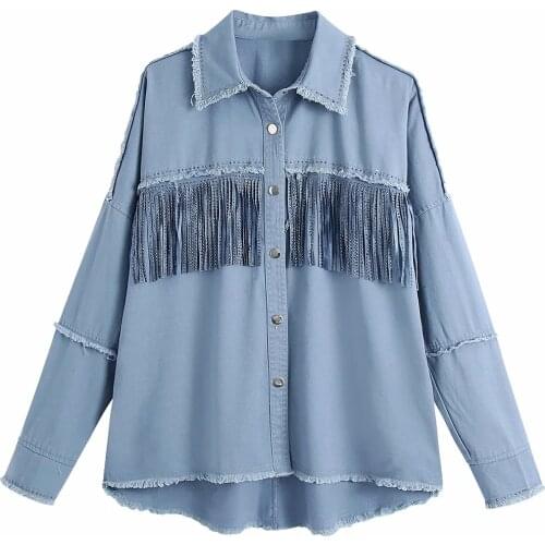 Za Vintage Stylish Fringe Beaded Loose Denim Jacket Coat Women 2021 Fashion Long Sleeve Frayed Trim Ladies Outerwear