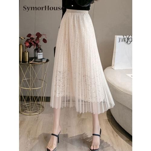 Weet Style Mesh A-Line Skirts Women 2021 Summer Elastic Waist Students Lace crochet Knee-Length Skirt Bottoms All Match Autumn