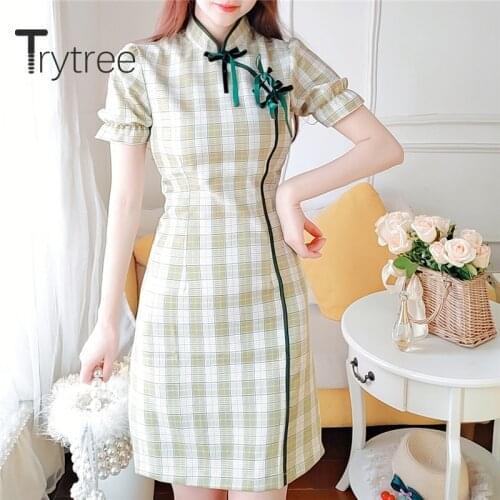 Trytree Summer Woman Casual Dress Stand Collar Plaid Green Puff Sleeve Slim fit Waist Fashion Vintage Elegant Cheongsam Dress