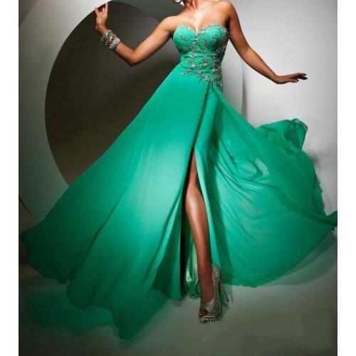 Free shipping 2016 vestidos de noiva Sweetheart Long Prom Beading open leg sexy crystal beading Party Gown Chiffon evening dress