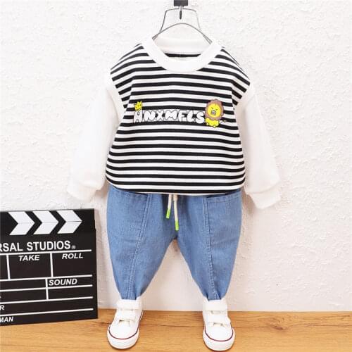 Autumn Baby Boys Girl Clothes Strips Cartoon Lion T-shirt Jeans 2Pcs/sets Outfit Infant Kids Sport Casual Clothing Tracksuits