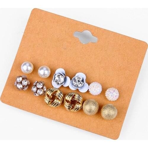 6 Pairs Stud Earrings Set Rhinestone Crystal Jewelry For Women Romantic Pearl Multi Shape Flower Earring Set